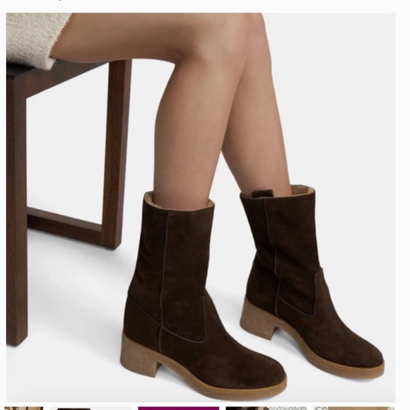 New Theory Crepe Heel Bootie Brown Cow Suede , Dyed Shearling Lamb Sz 41 Italy - Picture 1 of 8